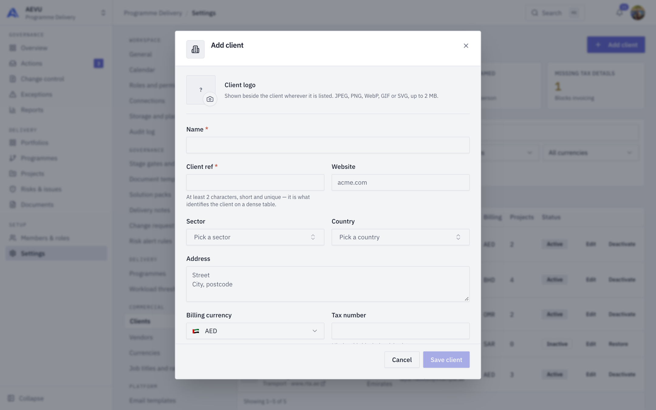 The Add client dialog