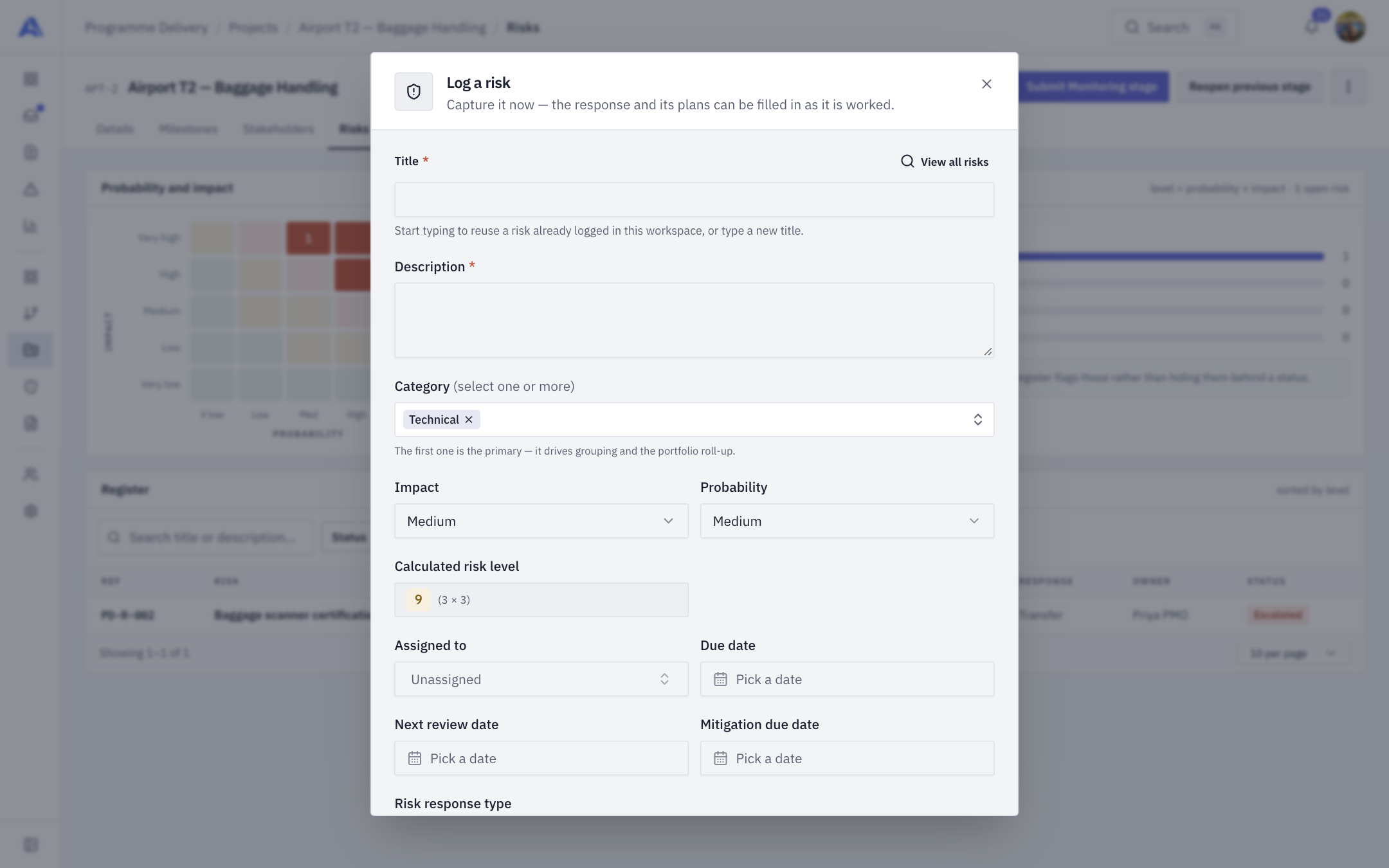 Add risk dialog