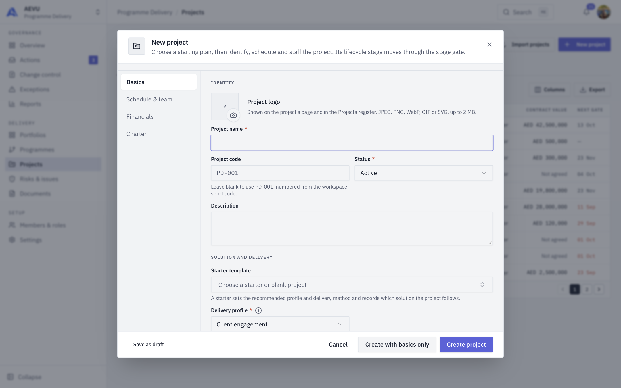 The New project form