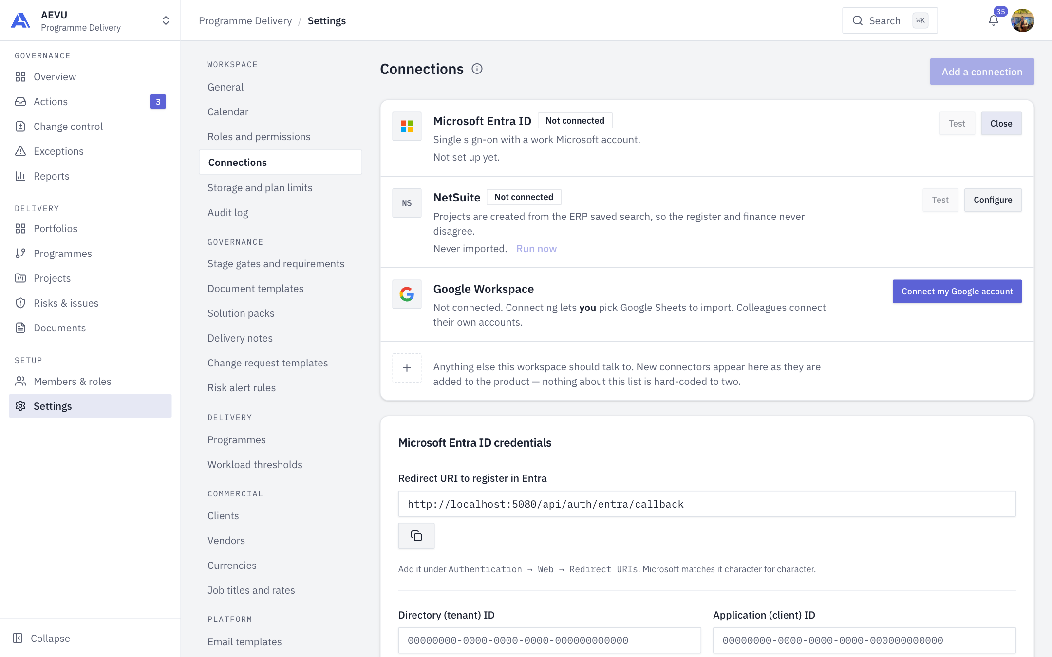 Settings → Connections with the Microsoft Entra ID form open, showing the redirect URI to copy and the tenant and client ID fields
