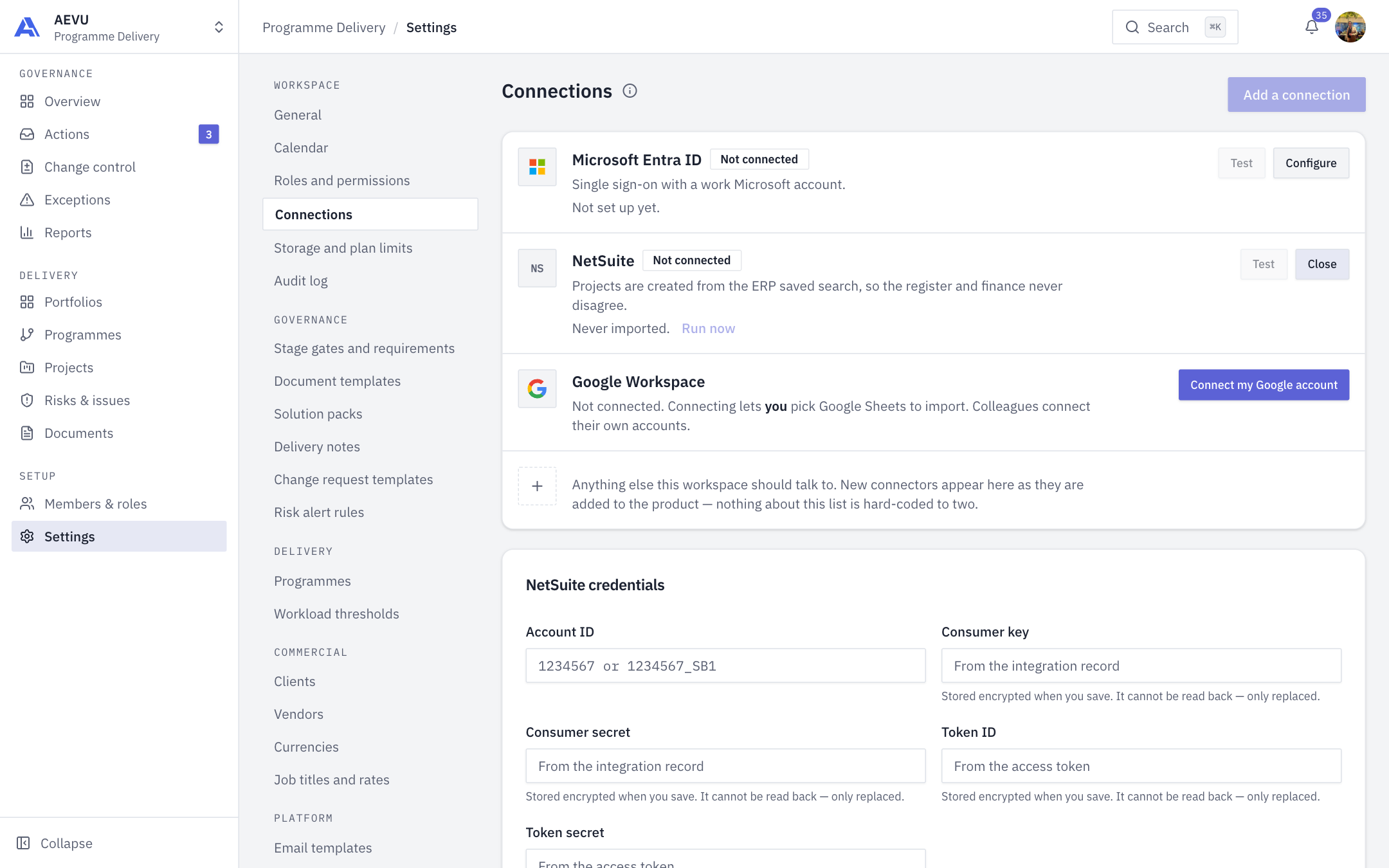 Settings → Connections with the NetSuite form open, showing the Account ID, consumer key, consumer secret and token fields