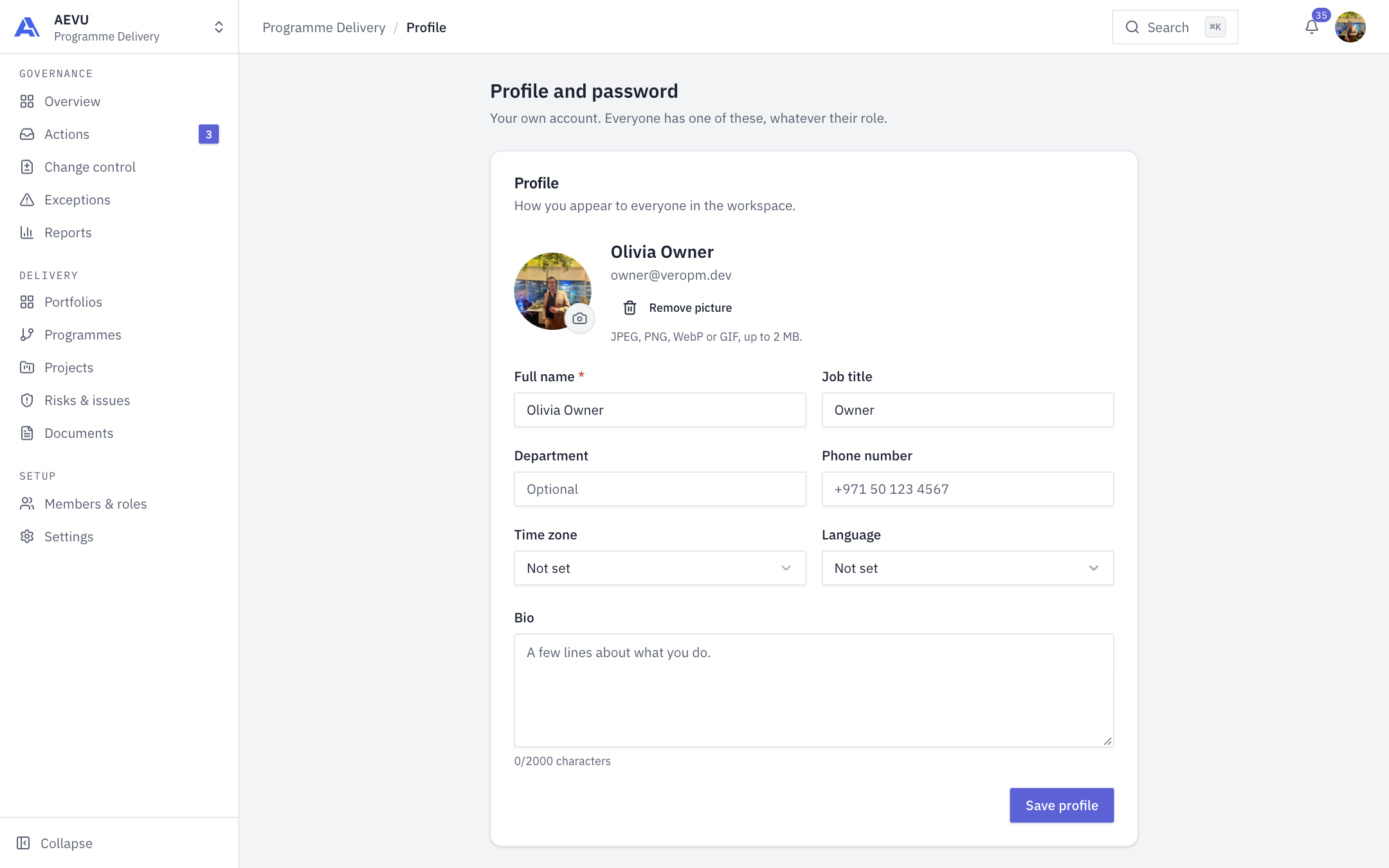 Profile and password
