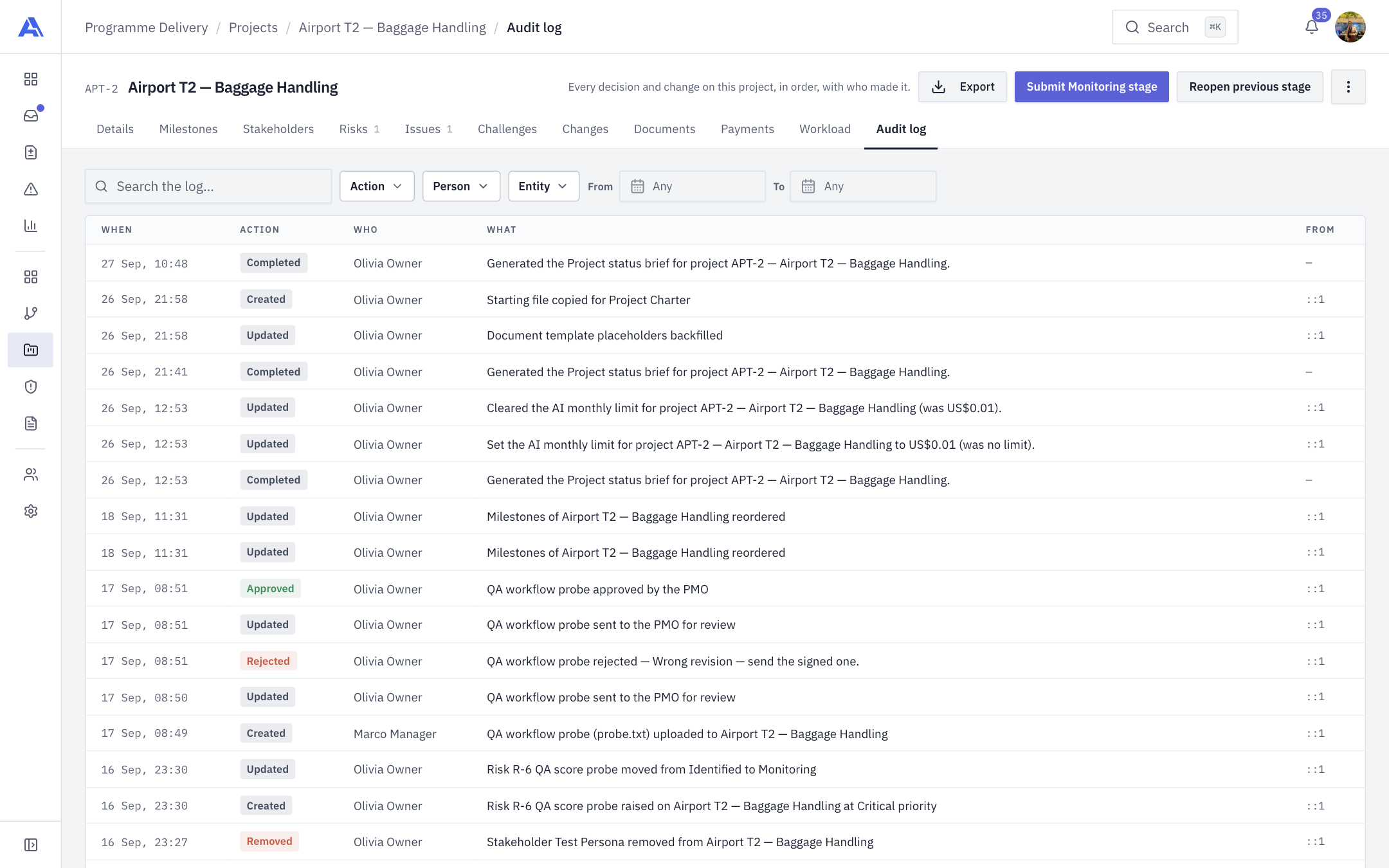 Project audit log