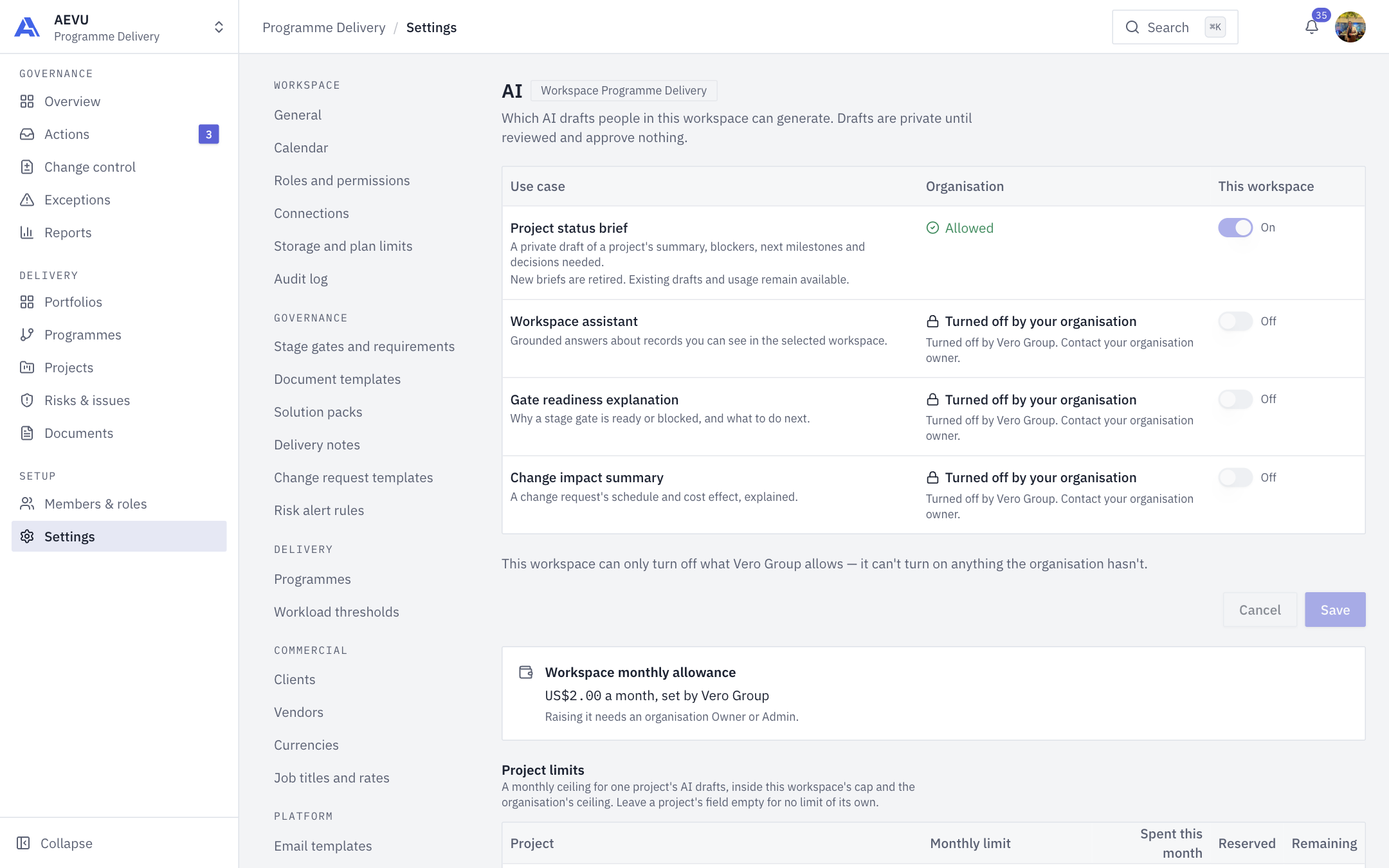 The AI settings page