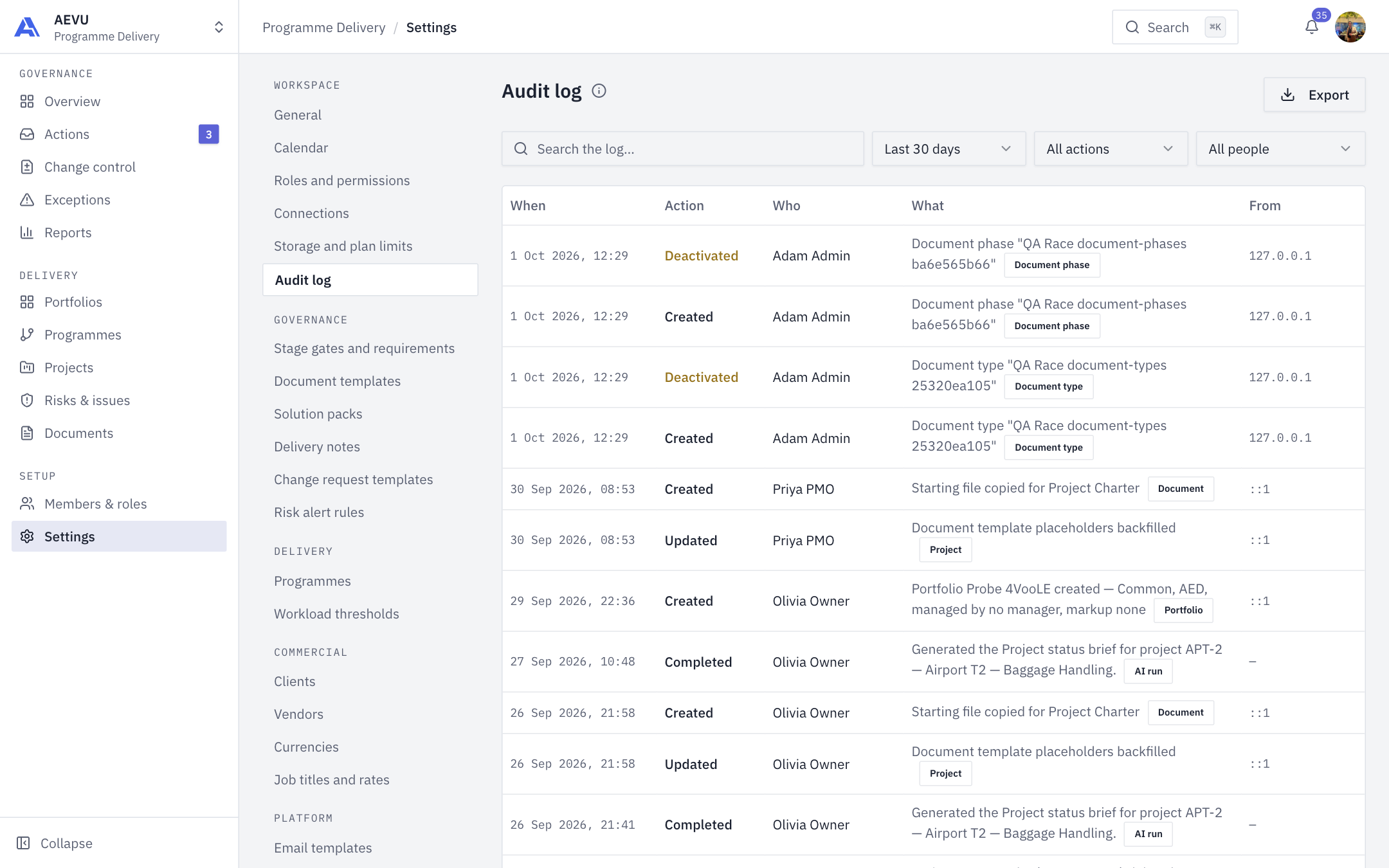 Settings → Audit log