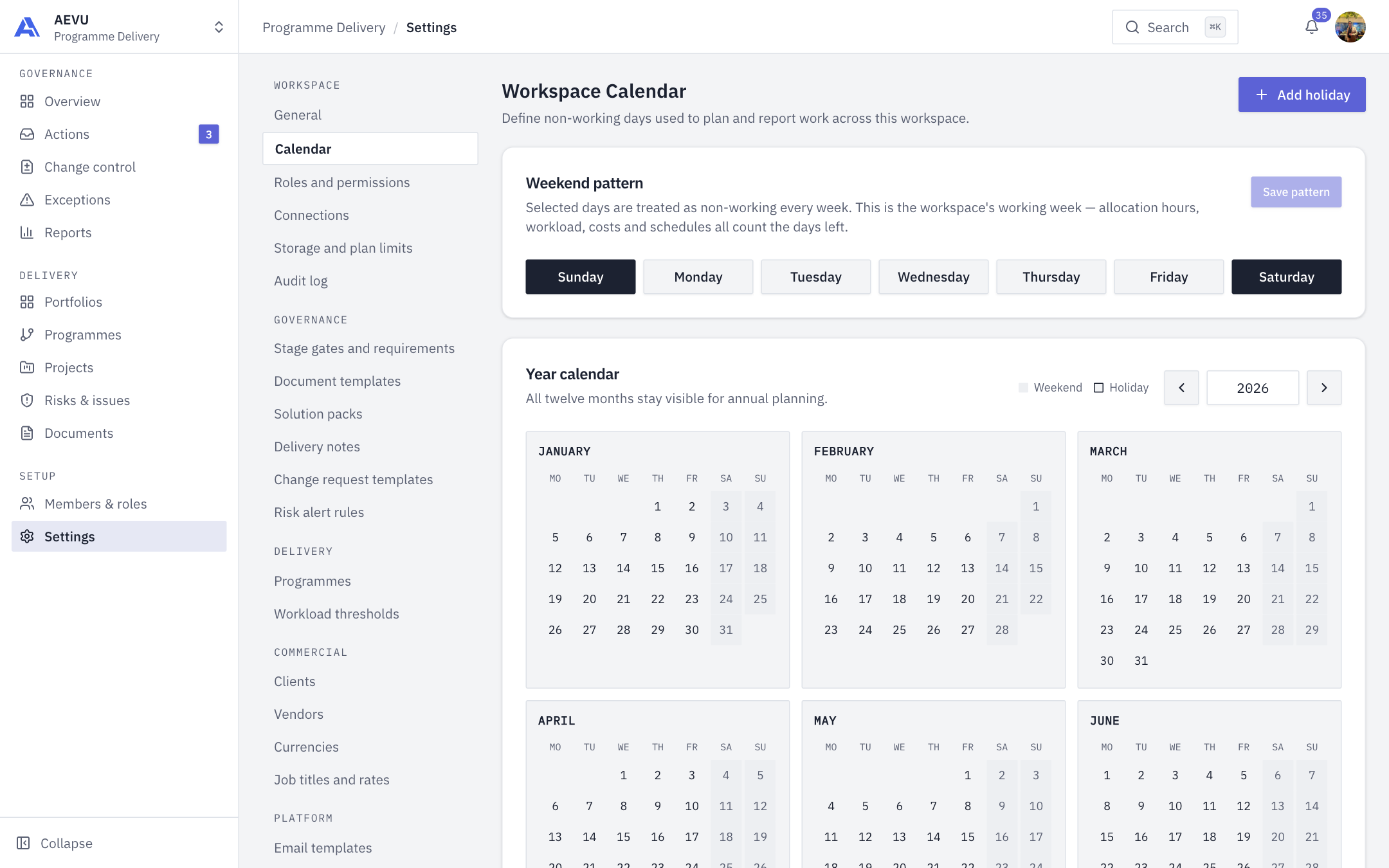 The Workspace Calendar page