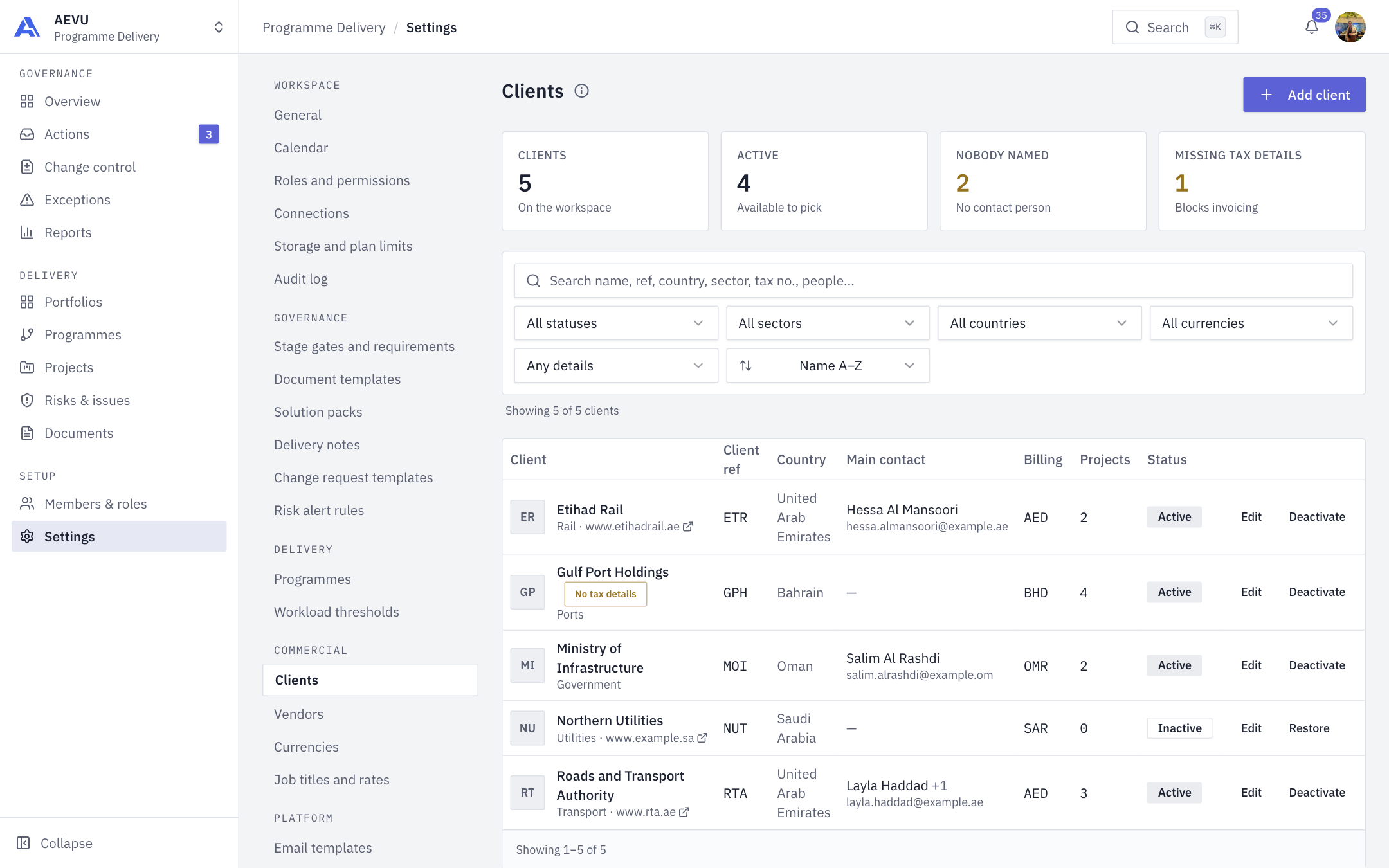 The Clients page