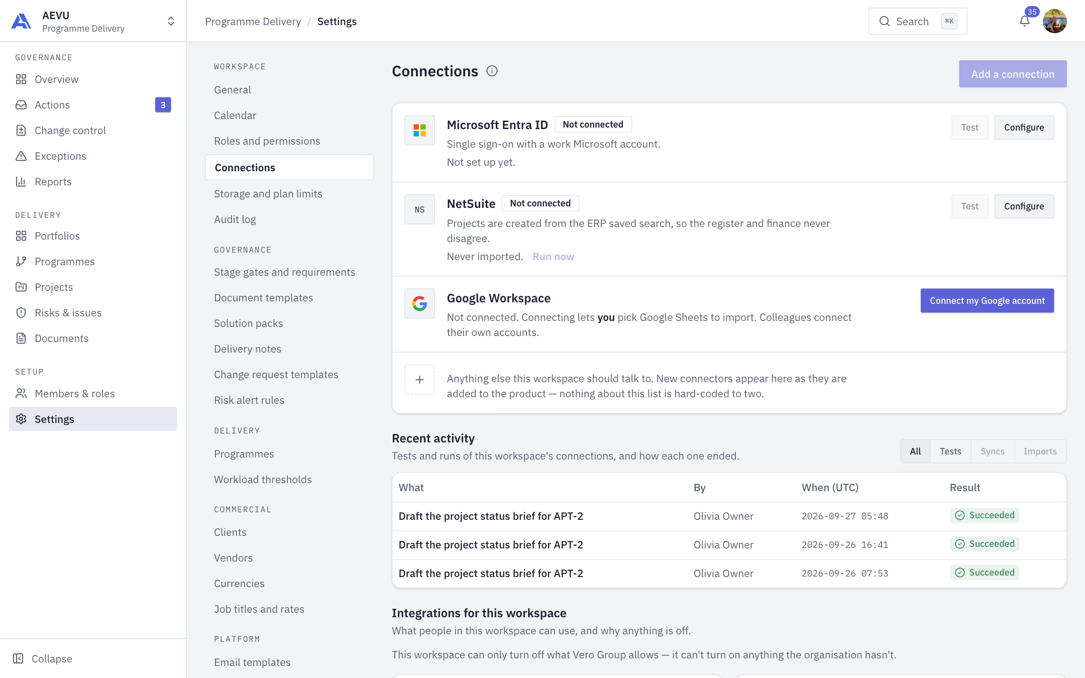 Settings → Connections shows your own Google row