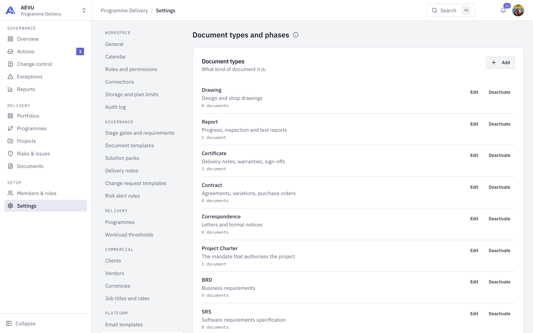 The Document types and phases page