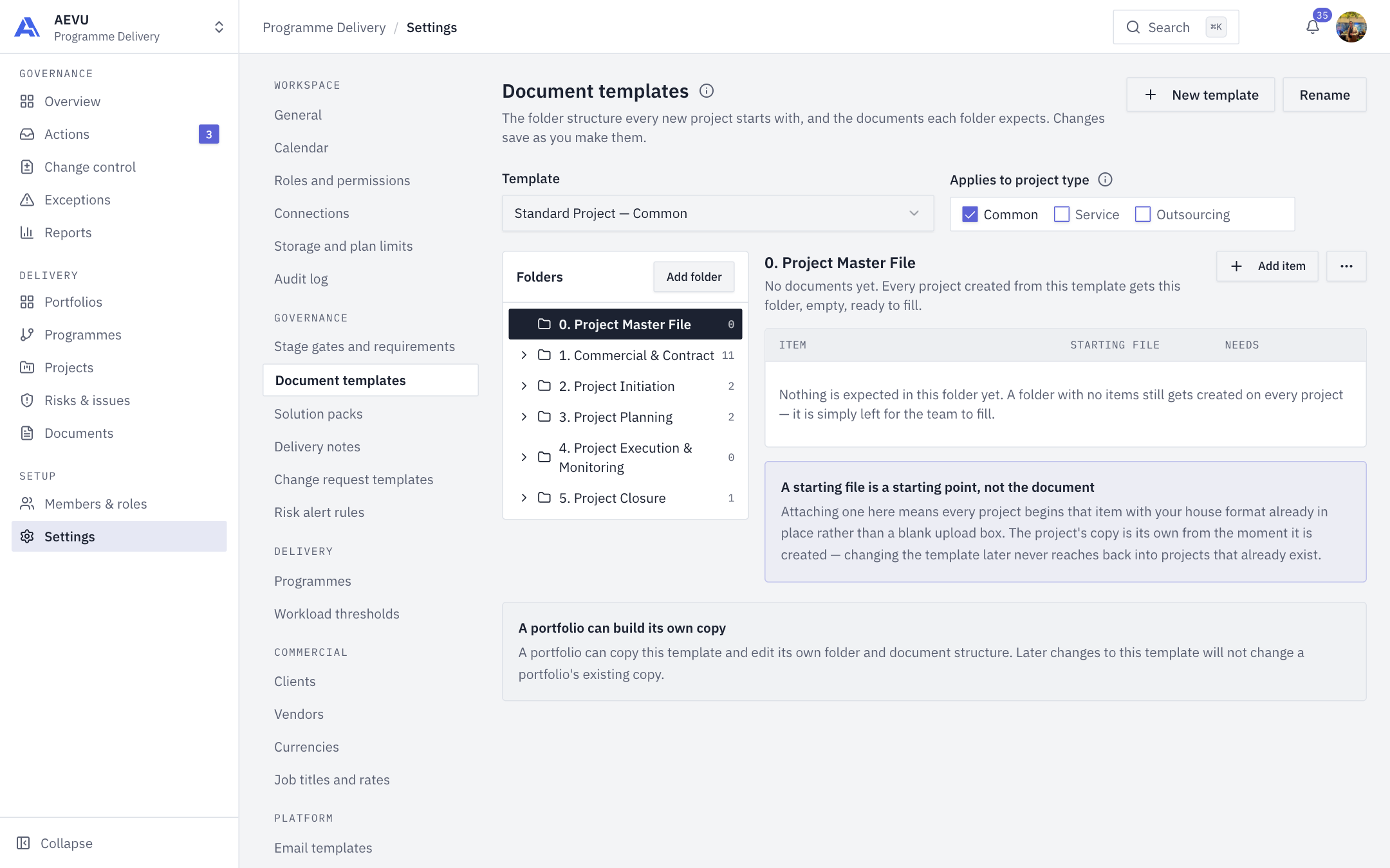 The Document templates page