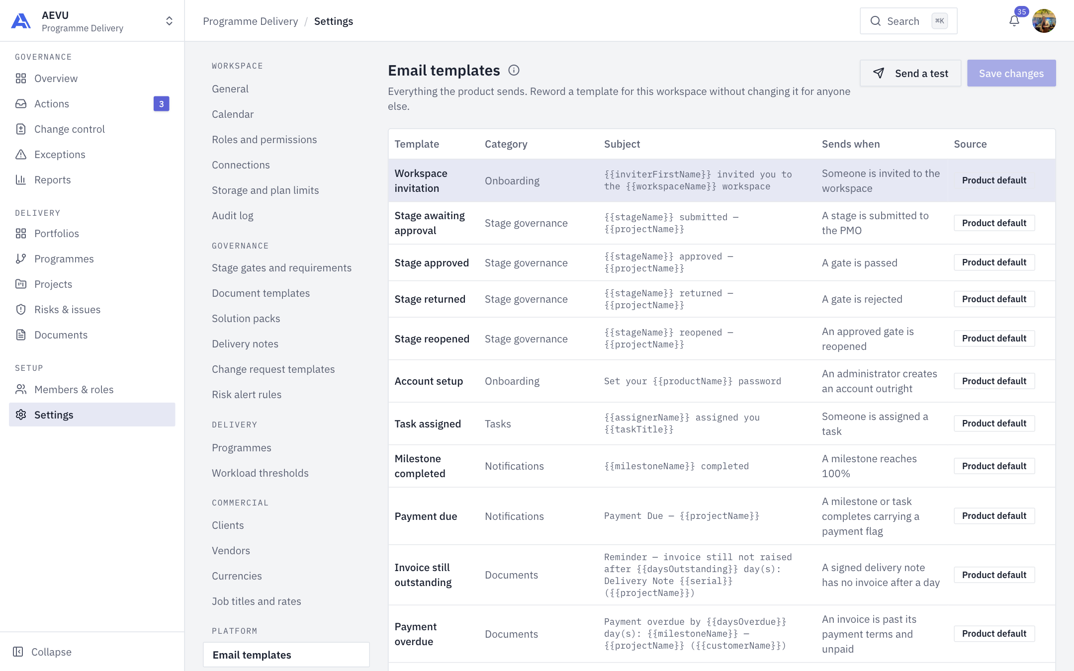 Email templates in workspace settings