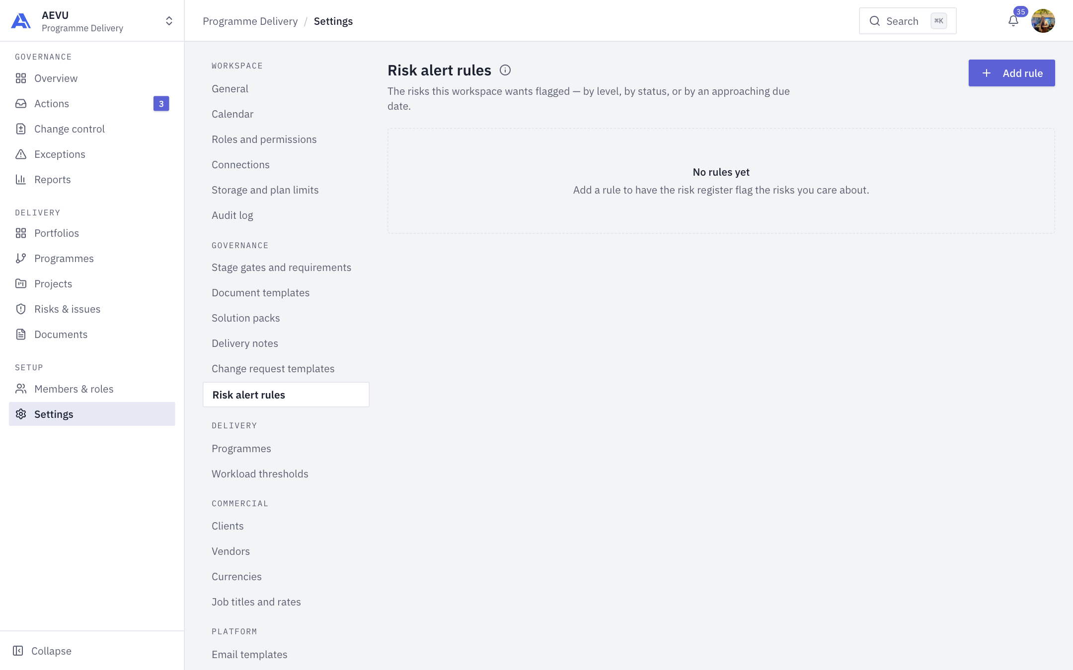 The Risk alert rules page