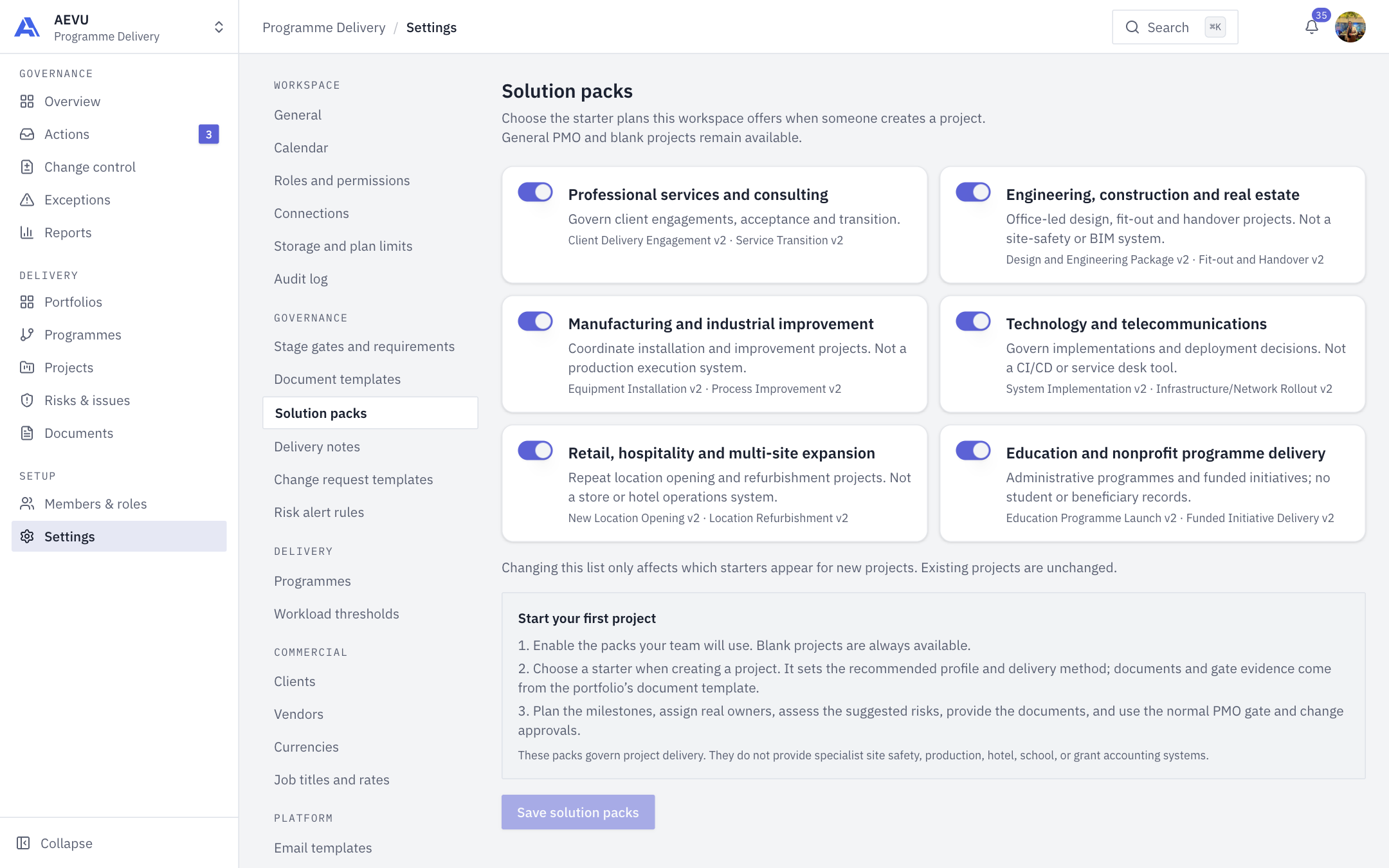 The Solution packs page
