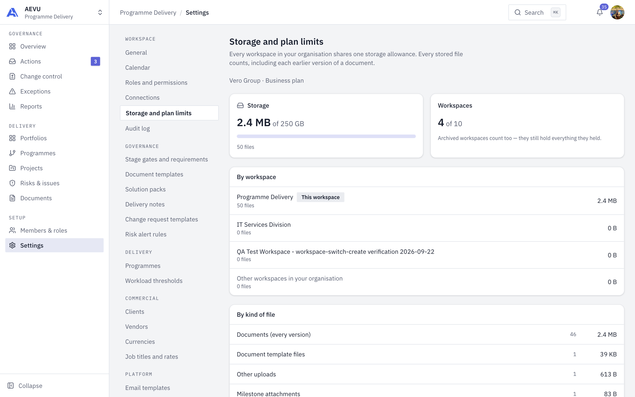 The Storage and plan limits page