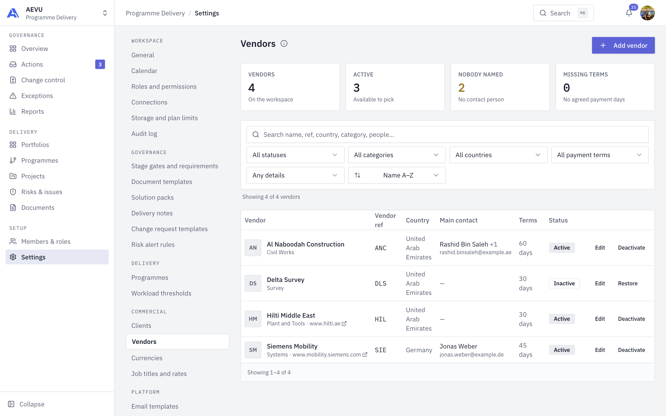 The Vendors page