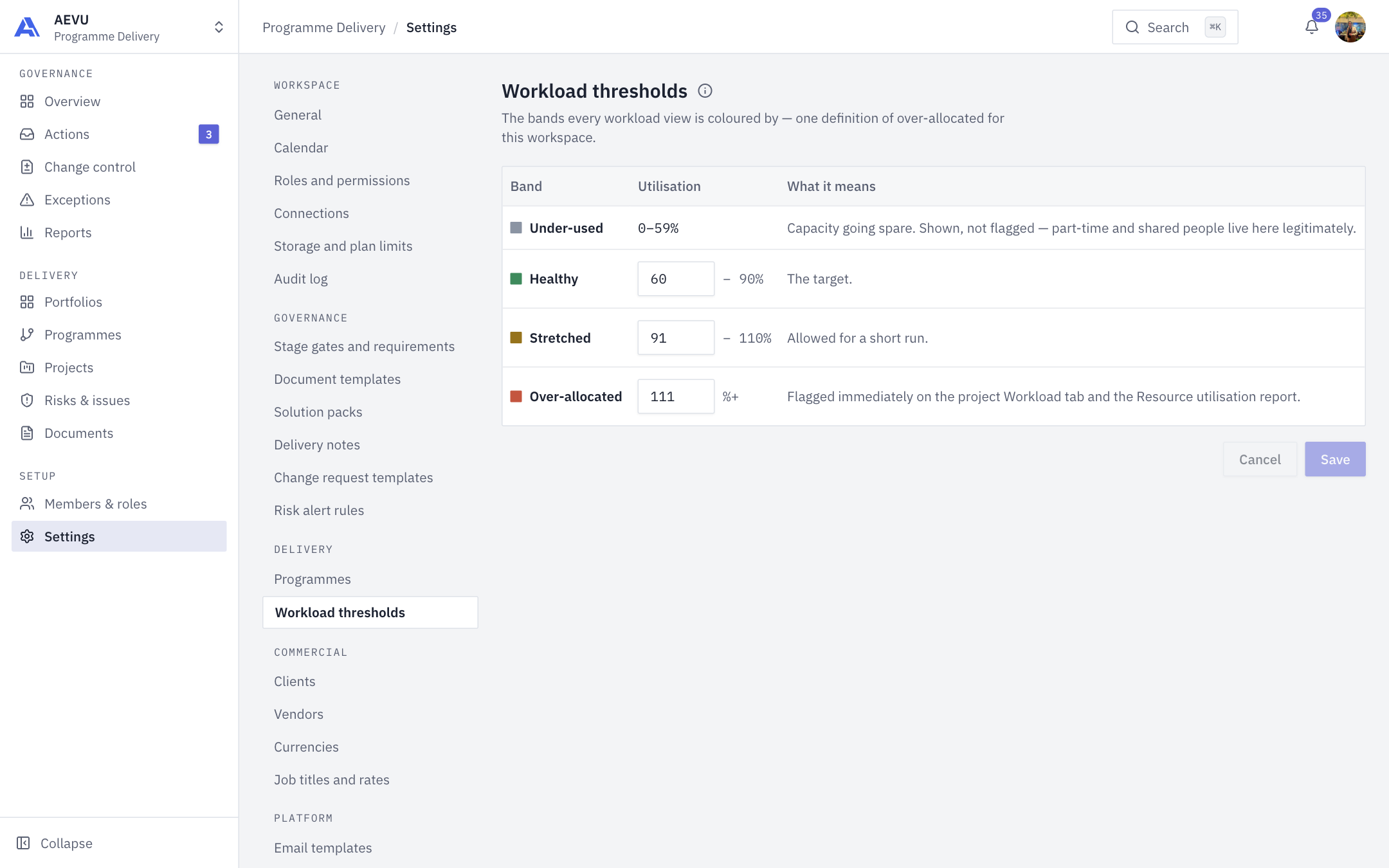 The Workload thresholds page
